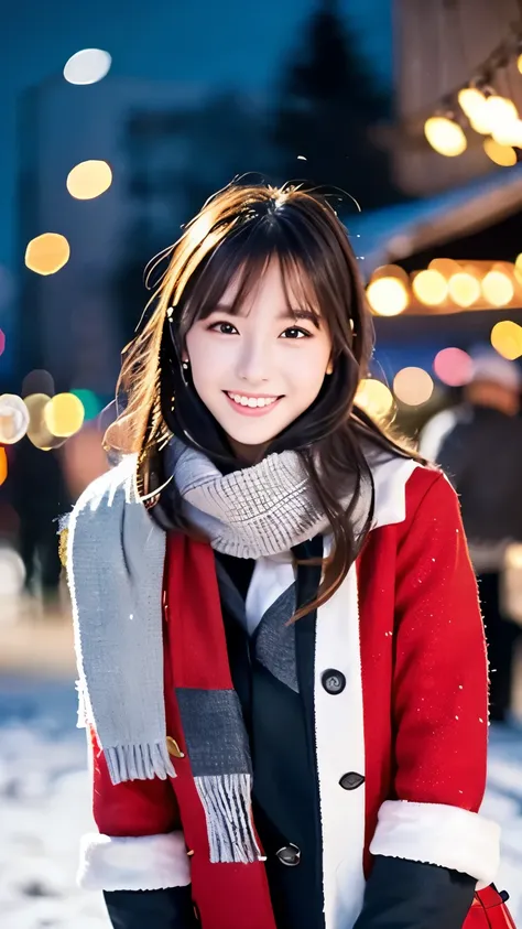 (Wore a winter uniform and scarf coat、 Close-up portrait of a girl with long hair and dull bangs:1.5)、(one person*** wearing a winter uniform and scarf coat spreads her arms and has a shy smile :1.5)、Age 25、( Christmas decorations on a street corner on a s...