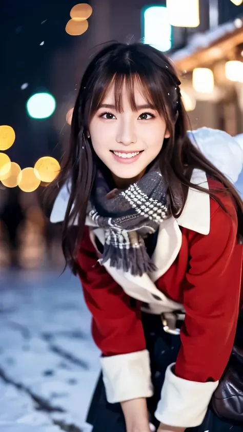 (Wore a winter uniform and scarf coat、 Close-up portrait of a girl with long hair and dull bangs:1.5)、(one person*** wearing a winter uniform and scarf coat spreads her arms and has a shy smile :1.5)、Age 25、( Christmas decorations on a street corner on a s...