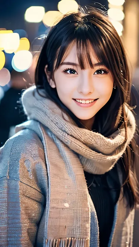 (Wore a winter uniform and scarf coat、 Close-up portrait of a girl with long hair and dull bangs:1.5)、(one person*** wearing a winter uniform and scarf coat spreads her arms and has a shy smile :1.5)、Age 25、( Christmas decorations on a street corner on a s...