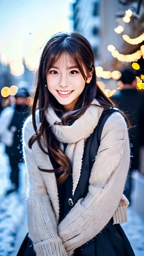 (Wore a winter uniform and scarf coat、 Close-up portrait of a girl with long hair and dull bangs:1.5)、(one person*** wearing a winter uniform and scarf coat spreads her arms and has a shy smile :1.5)、Age 25、( Christmas decorations on a street corner on a s...
