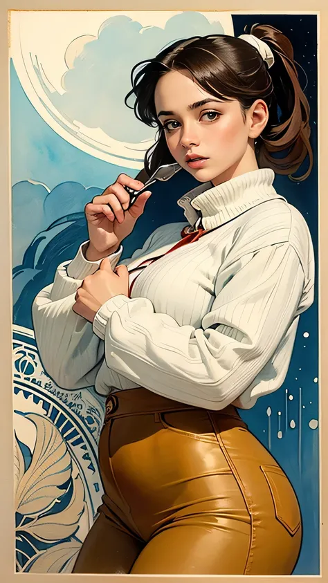 (( masterpiece )), ( better quality ), (work), Art Nouveau watercolor painting , goddess of the moon , big eyes, long, thick eyelashes, Thick lips, bright green eyes, hair long and thick, high ponytail, plump, Pechos plumps,loose sweater with wide ...