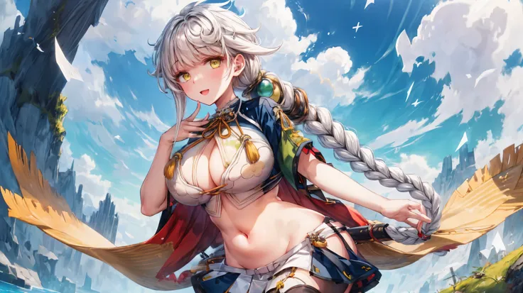 (masterpiece, best quality:1.2), solo, 1girl, unryuu, expressionless, looking at viewer, hand on own chest, asymmetrical hair, single braid, hair ornament, crop top, cloud print, clothing cutout, cleavage cutout, short sleeves, backlock_skirt, belt,midriff...