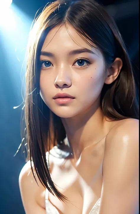 (she looks like gemma ward:0.9), (idol, stage:1.4), straight hair, narrow eyes, flat chest, (jumping, from below), looking at viewer, (full body), (Realism:1.4), (hyper realistic:1.4), (realistic:1.3), (soft light:1.05), (Improve lighting quality in movies...