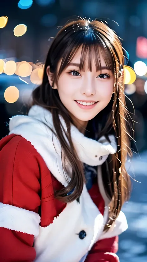 (Wore a winter uniform and scarf coat、 Close-up portrait of a girl with long hair and dull bangs:1.5)、(one person*** wearing a winter uniform and scarf coat spreads her arms and has a shy smile :1.5)、Age 25、( Christmas decorations on a street corner on a s...