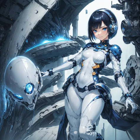 (masterpiece、 best quality、 highest resolution、Clear_image、Detailed details): (Whole body、A 20 year old girl、Japanese Faces、 small face、 slender、 dark blue super short bob cut hair、(Hidden small breasts:1.3)、 Sparkling Blue Eyes 、Shiny pilot suit in white,...