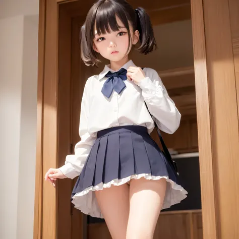 ((Top Quality,8k, 32k,Masterpiece:1.2)), loli, skirt lift, showing pantie, in the school, white pantie