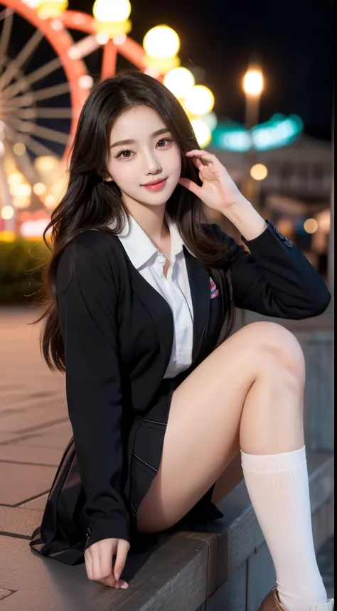 (((masterpiece))), 8k resolution, 1 girl, (((beautiful kpop idol face))), long black hair, big eyes, soft lips, slender figure, (school uniform:1.2), short skirt, thigh highs, (blush:1.3), (shy smile:1.1), (slight tears:0.8), (exposed thighs:1.2), (amuseme...