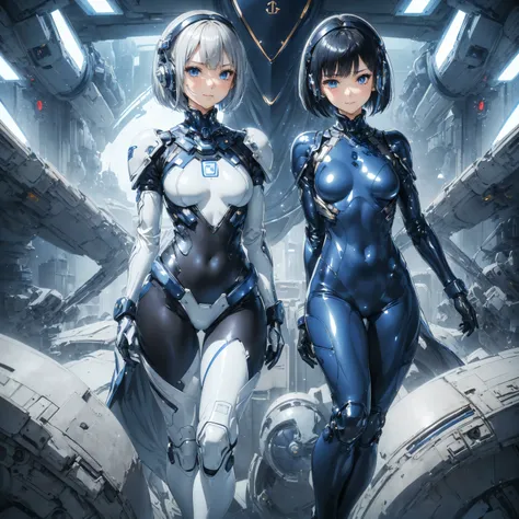 (masterpiece、 best quality、 highest resolution、Clear_image、Detailed details): (Whole body、A 20 year old girl、Japanese Faces、 small face、 slender、 dark blue super short bob cut hair、(Hidden small breasts:1.3)、 Sparkling Blue Eyes 、Shiny pilot suit in white,...