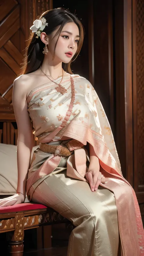 (raw photos:1.2), (realistic:1.4), (Masterpiece:1.3), (best quality:1.4), Ultra high resolution, (Detailed eyes), (Detailed facial features), (Detailed clothing features), HDR, 8K resolution, Focus only, Dressing according to Thai tradition, traditional sh...
