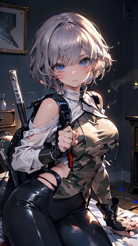 ((masterpiece、Ultra HD Photos、top-quality、 ultra high resolution with forest background、 sharp focus 、 Chest ))、、beautiful female soldier 、Excellent face、Light skin、 High Detail Skin 、 realistic details of the skin 、Shorthair Cat 、 camouflage cap 、combat e...