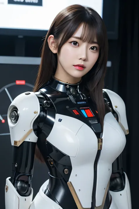 masterpiece, best quality, extremely detailed, japaese android girl,portrait,plump,a bit chubby,control panels,android,droid,mec...