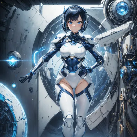 (masterpiece、 best quality、 highest resolution、Clear_image、Detailed details): (Whole body、A 20 year old girl、Japanese Faces、 small face、 slender、 dark blue super short bob cut hair、(Hidden small breasts:1.3)、 Sparkling Blue Eyes 、Shiny pilot suit in white,...