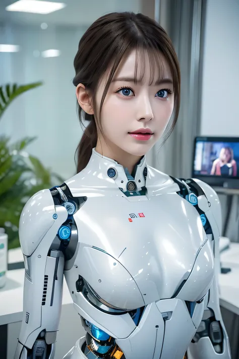 masterpiece, best quality, extremely detailed, japanese android girl,plump,chubby,control panels,robot arms,robot,android,cyborg...