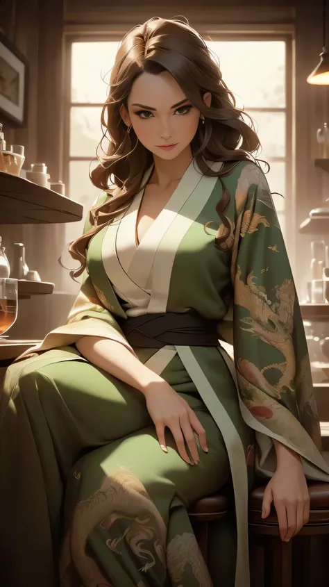 (Caucasian woman, female, dark brown hair, pale skin, brown eyes, solo portrait, natural breasts), (( green kimono, long flowing kimono, green clothing, dragon print kimono)), ( gentle smile, seductive look, smiling, looking up at viewer sitting inside, go...