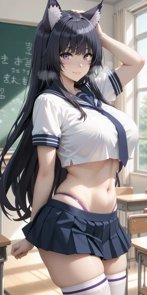 Tall girl, Fit girl,score_9, score_8_up, score_7_up, score_6_up, uncensored, delta, long hair, black hair, animal ears, purple eyes, cat ears, animal ear fluff, facial mark,huge breast, 1girl, solo, skirt, chalkboard, breasts, school_uniform, thighhighs, n...