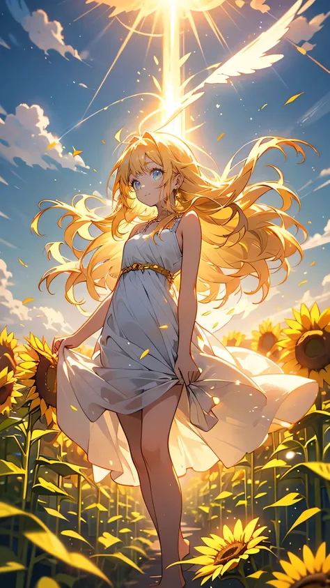 “A young girl around , standing in the middle of a sunflower field on a bright summer day. She has long, flowing blonde hair tied with a ribbon, and her eyes sparkle with youthful innocence. She wears a simple white summer dress that flutters gently in the...