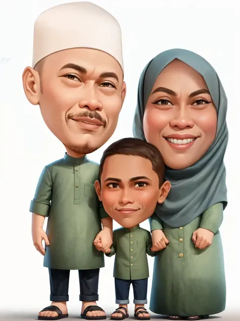 a cartoon of a muslim family with a  and a man, woman hijab, caricature illustration, in cartoon style, happy family, husband wife and son, caricature style, caricature, an indonesian family portrait, potrait, cartoon style illustration, barong family, car...