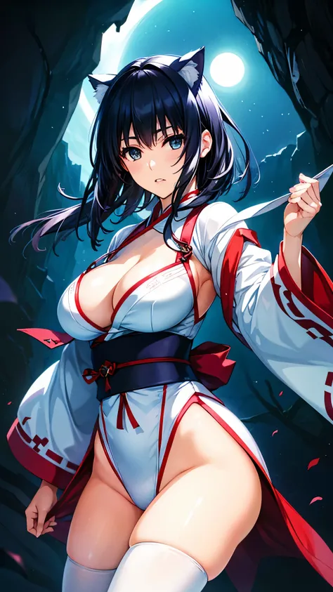 ((Older sister、Tree Eyes、 medium hair、 wolf cut、Dark blue hair、white and red high leg leotard、Japanese pattern leotard、Shrine Maiden Warrior 、 White Kimono 、 clothes are torn 、 cool women、 knee-high socks、Big Breasts、 cleavage、Captivating thighs、 big butt、...