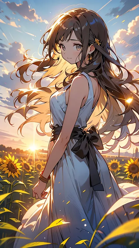 “A young woman in her early twenties, standing on the edge of a sunflower field, looking out into the distance. She has shoulder-length brown hair, slightly messy from the wind, and her eyes are filled with quiet determination and empathy. She wears a ligh...