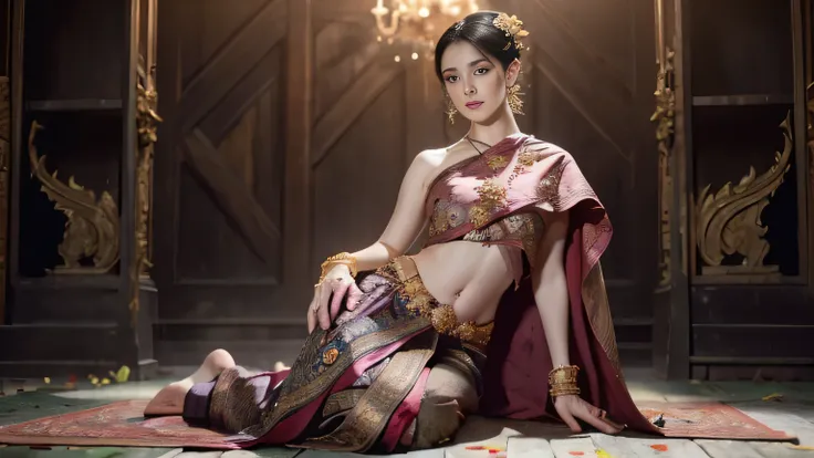(raw photos:1.2), (realistic:1.4), (Masterpiece:1.3), (best quality:1.4), Ultra high resolution, (Detailed eyes), (Detailed facial features), (Detailed clothing features), HDR, 8k resolution, Focus only, Dressing according to Thai tradition, Traditional sh...