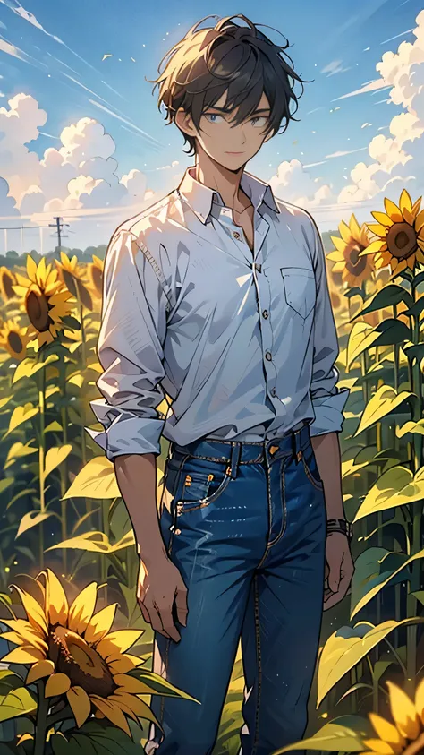 “A tall, well-built man in his late twenties, standing confidently with his arms crossed, looking out over the sunflower field with a protective and reassuring presence. He has short, dark hair and a strong, rugged face with a light stubble. He wears a cas...