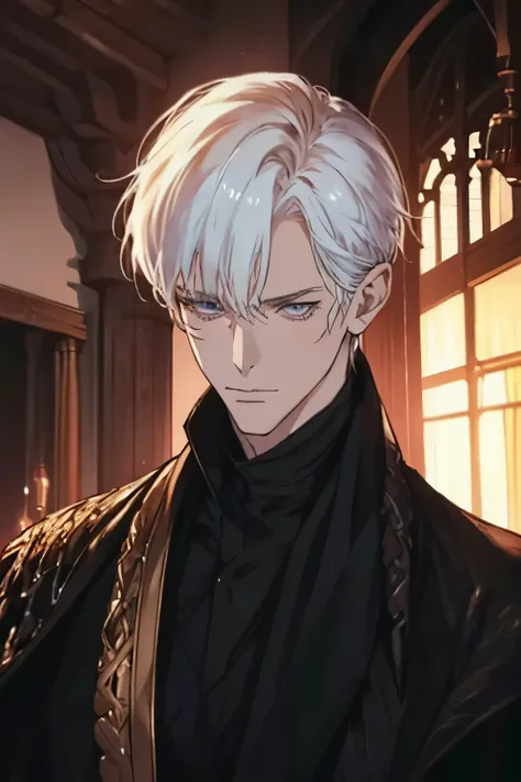 1male, calm, adult, handsome, short messy with bangs, white hair, amethyst colored eyes, royalty, prince, wears black clothing, in a castle, adult face, medieval times, close up, calm, mature face, adult face