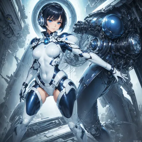 (masterpiece、 best quality、 highest resolution、Clear_image、Detailed details): (Whole body、A 20 year old girl、Japanese Faces、 small face、 slender、 dark blue super short bob cut hair、(Hidden small breasts:1.3)、 Sparkling Blue Eyes 、Shiny pilot suit in white,...