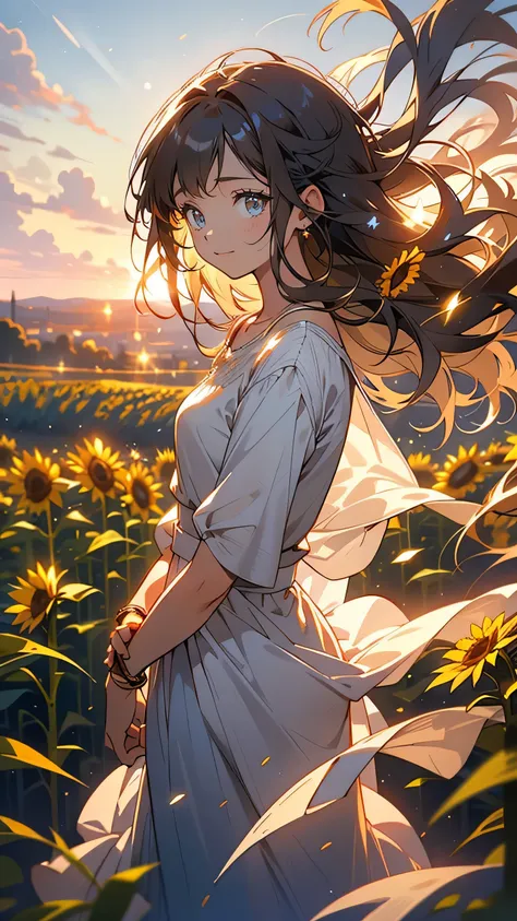 “A young woman in her early twenties, standing on the edge of a sunflower field, looking out into the distance. She has shoulder-length brown hair, slightly messy from the wind, and her eyes are filled with quiet determination and empathy. She wears a ligh...