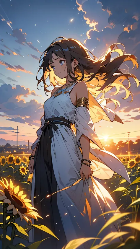 “A young woman in her early twenties, standing on the edge of a sunflower field, looking out into the distance. She has shoulder-length brown hair, slightly messy from the wind, and her eyes are filled with quiet determination and empathy. She wears a ligh...