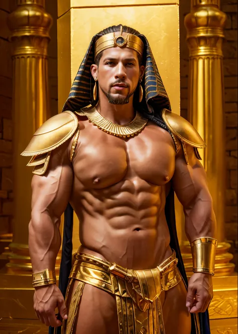 Roman Todd Egyptian queen, goatee, golden earrings, huge muscles, huge breasts, swollen nipples, golden armor, highly detailed, photorealistic, 8K, HDR, 