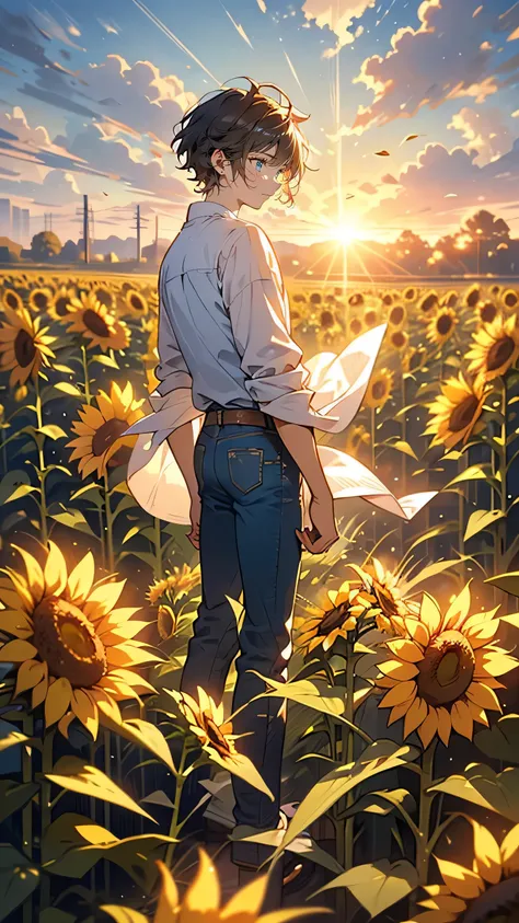 “A young man in his early twenties, standing in the middle of a sunflower field. He has a thoughtful expression, his eyes filled with a mix of sadness and nostalgia. His dark hair is slightly tousled by the wind, and he wears a simple white shirt with the ...