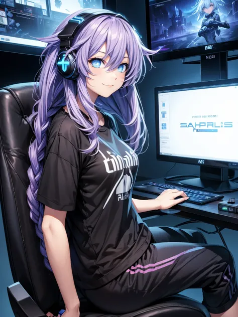 beautiful girl playing video games with headphones in a dark room, tee shirt, sweat pants, sitting in gaming chair, gaming compu...