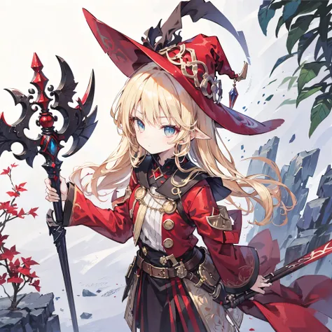 masterpiece,  best quality,  perfect face,  highest resolution, Etrian Odyssey,  1 girl, young, blonde hair, Vertical roll curly hair, light blue color eyes, slanted eyes, slender body, Strong-willed,  fantasy , red color witch hat, red color robe, red col...