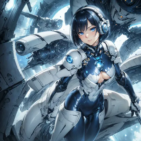 (masterpiece、 best quality、 highest resolution、Clear_image、Detailed details): (Whole body、A 20 year old girl、Japanese Faces、 small face、 slender、 dark blue super short bob cut hair、(Hidden small breasts:1.3)、 Sparkling Blue Eyes 、Shiny pilot suit in white,...