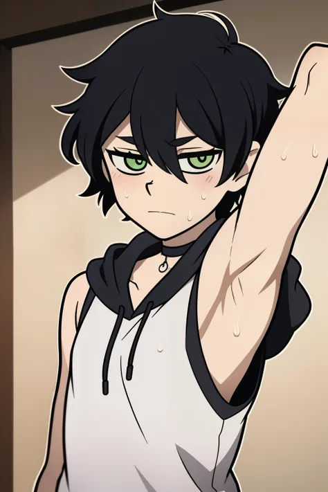 Highres, Masterpiece, Best quality at best,Best Quality,hight quality, hight detailed, Anime style, 1boy, Shota, Young boy, Young andy graves, hair between eyes, shy, blush, closed mouth,black hair, green eyes, Slim body, messy hair, look at viewer, Sleeve...