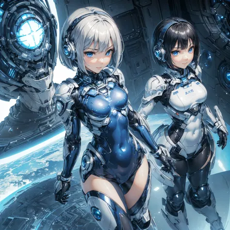 (masterpiece、 best quality、 highest resolution、Clear_image、Detailed details): (Whole body、A 20 year old girl、Japanese Faces、 small face、 slender、 dark blue super short bob cut hair、(Hidden small breasts:1.3)、 Sparkling Blue Eyes 、Shiny pilot suit in white,...