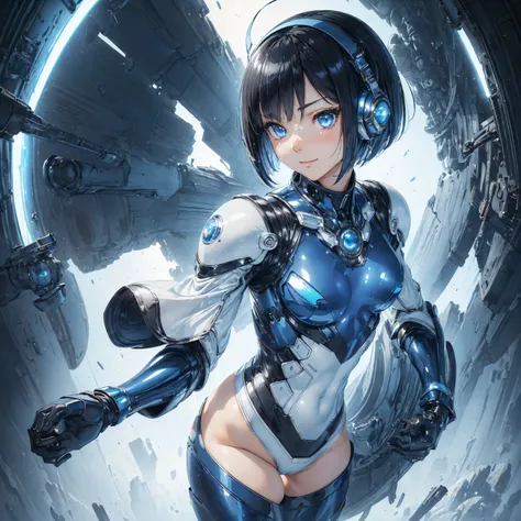 (masterpiece、 best quality、 highest resolution、Clear_image、Detailed details): (Whole body、A 20 year old girl、Japanese Faces、 small face、 slender、 dark blue super short bob cut hair、(Hidden small breasts:1.3)、 Sparkling Blue Eyes 、Shiny pilot suit in white,...