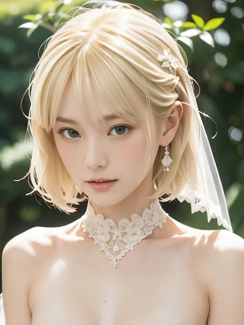 (((Detailed blonde)))、 Very Short Hair 、 Gentle Expression 、white lace wedding dress、((( topless)))