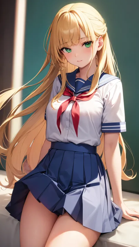 ((masterpiece,best quality, high resolution)), 1girl, solo, green eyes, blonde long hair tied with blue ribbon, blunt bangs, thighs sock, school uniform, white serafuku, red sailor collar, short sleeves, blue pleated skirt, bokeh effect