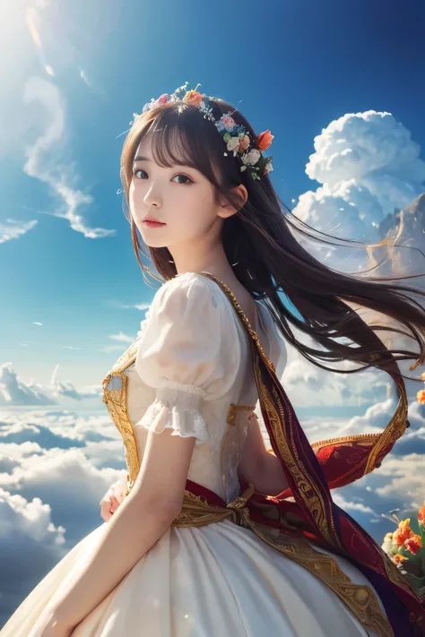 High image quality、vividly depicted、 real、Mr.々Colors、Artistic、Mythical、Fantastic、Mysterious、In the sky、Above the Clouds、Castle、 realistic、 1 beautiful girl with pieces 