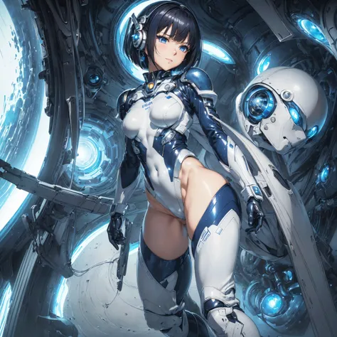 (masterpiece、 best quality、 highest resolution、Clear_image、Detailed details): (Whole body、A 20 year old girl、Japanese Faces、 small face、 slender、 dark blue super short bob cut hair、(Hidden small breasts:1.3)、 Sparkling Blue Eyes 、Shiny pilot suit in white,...