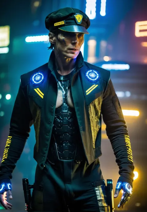 Cillian Murphy(Cyberpunk 2077:1.3)dark gritty dystopian feel,  photo of Cillian Murphy wearing a driver cap, cyborg mecha (circuits face gear:1.2),  backlighting, night time lights, cyberpunk reimagined, high quality, portrait, wearing a cyberpunk outfit, ...