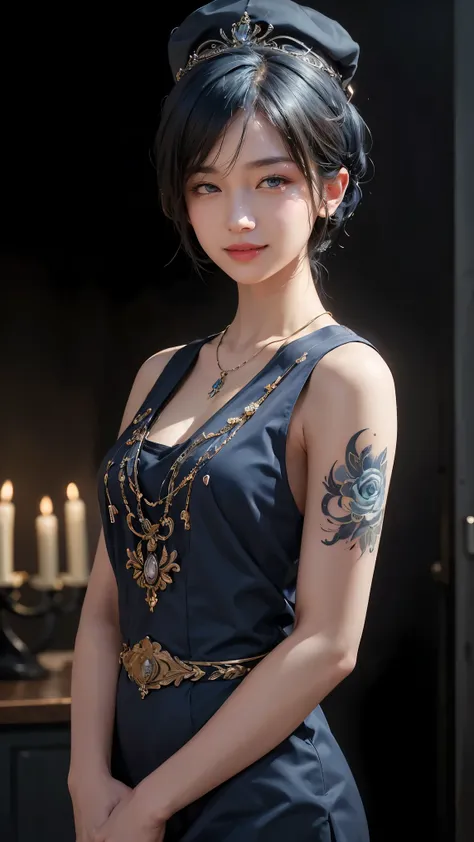 Masterpiece, best quality, high quality, very detailed CG uniform 8k wallpaper, 1girl, solo, blue hair, tattoo, short hair, hat, jewelry, smile, necklace, looking at the audience, hat, realistic, open mouth, teeth, upper body, vest, nose, bare shoulders, a...