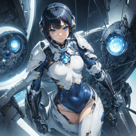 (masterpiece、 best quality、 highest resolution、Clear_image、Detailed details): (Whole body、A 20 year old girl、Japanese Faces、 small face、 slender、 dark blue super short bob cut hair、(Hidden small breasts:1.3)、 Sparkling Blue Eyes 、Shiny pilot suit in white,...