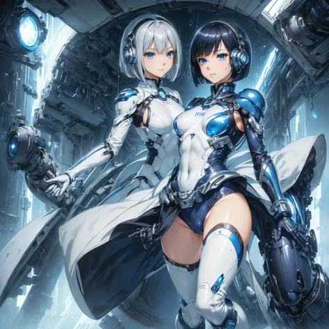 (masterpiece、 best quality、 highest resolution、Clear_image、Detailed details): (Whole body、A 20 year old girl、Japanese Faces、 small face、 slender、 dark blue super short bob cut hair、(Hidden small breasts:1.3)、 Sparkling Blue Eyes 、Shiny pilot suit in white,...