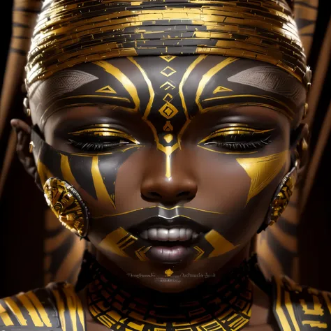  a close up of a person wearing a black and gold mask, Yoruba body painting,  tribal face paints , symmetrical painted face,  Tribal facial markings , african mask, Tribal Face Painting, Android African faith , tribal mask, tribal painting ,  African god m...