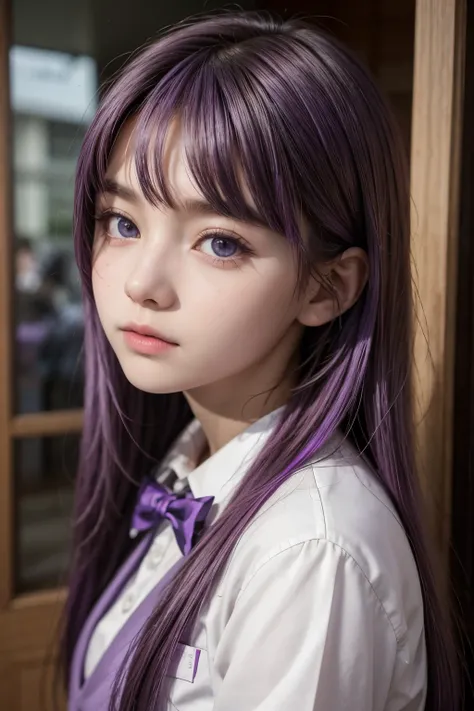  Purple-haired girl , purple eyes, neoteny,  in red school uniform. Anhs 