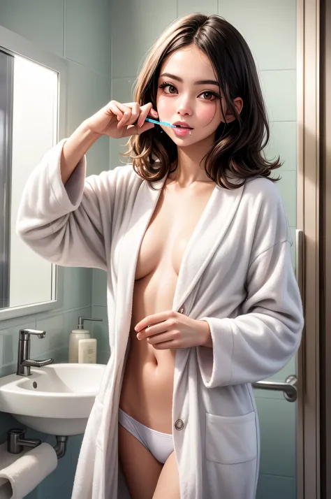 1 woman, best quality, clear quality, high quality, 4K, 8k, young brazilian woman, small breasts, medium hair, brushing teeth, wearing bathrobe, bathroom view