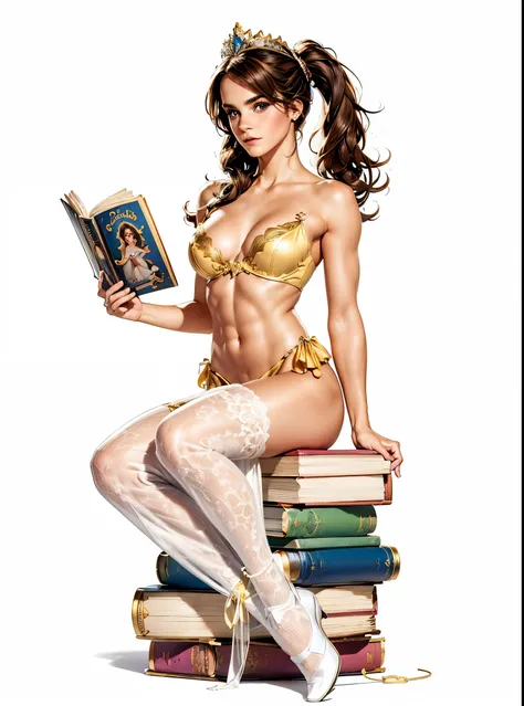 Full body photo of 35-year-old Emma Watson  , Disney Belle themed lingerie,  Sitting reading a book inside a Disney castle,(((cuerpo entero))), brunette hair, Blue eyes,,  full body ,  half-open lips  ,  perfect body  ,  with no straight line , physical fi...