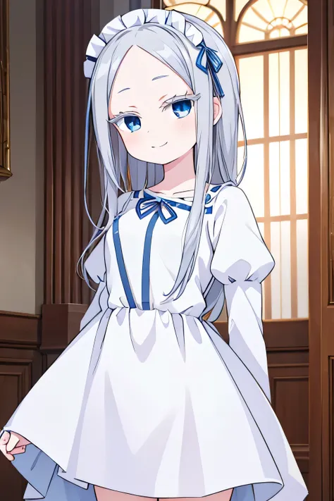 pandora, pddf, masterpiece, blue eyes, upper body, wearing maid outfit, full body, inside palace, smile, taking picture pose